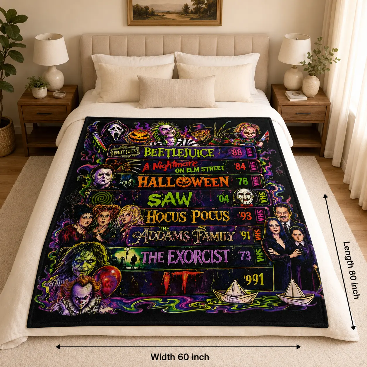 Classic Horror Movie Pattern Flannel Blanket Large Size Soft Lightweight Perfect for All Seasons Ideal Gift for Family Super Soft Blanket Horror Fan Movie Night Throw Spooky Halloween Home Decor