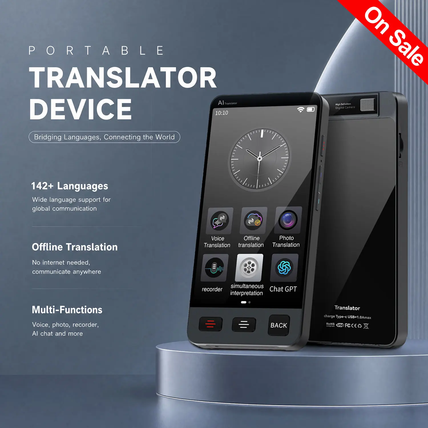 [TryTalk] AI 2-Way Language Translator Device - Slim Touchscreen E-Dictionary with Memory, ChatGPT App, 142 Languages (19 Offline), Real-Time Voice/Photo Translation for Business Travel Adults (Phones & Electronics, Education Devices)