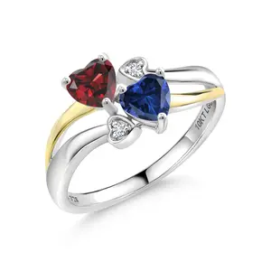 Red Garnet Blue Created Sapphire and Lab Grown Diamond Ring For Women | 925 Silver and 10K Yellow Gold | 1.12 Ct | Heart Shape 5MM | Wedding Engagement Anniversary Promise Ring