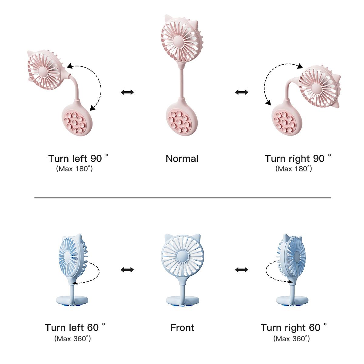 Cat Ear Mini Fan with Suction Cup Base, 3 Speed USB Rechargeable Portable Desktop Fan, Flexible Neck Adjustable Small Cooling Fan for Home, Office, Outdoor Travel, Cute Gift for Women Kids