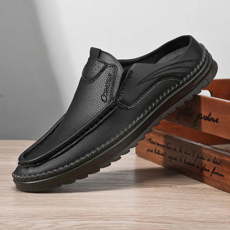 Men’s Leather Backless Slip-On Loafers - Comfortable Breathable Mule Shoes, Non-Slip Casual Work & Driving Shoes for All-Day Wear