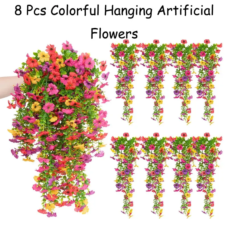 1/6/8 PCS Faux Silk Daisy with Eucalyptus Leaves, Artificial Fake Hanging Flowers Plants for Outdoor Autumn Decoration,UV Resistant Look Real Long Trailing Vines for Outside Home Indoor Planter Porch Patio Balcony Yard Decor Summervibes
