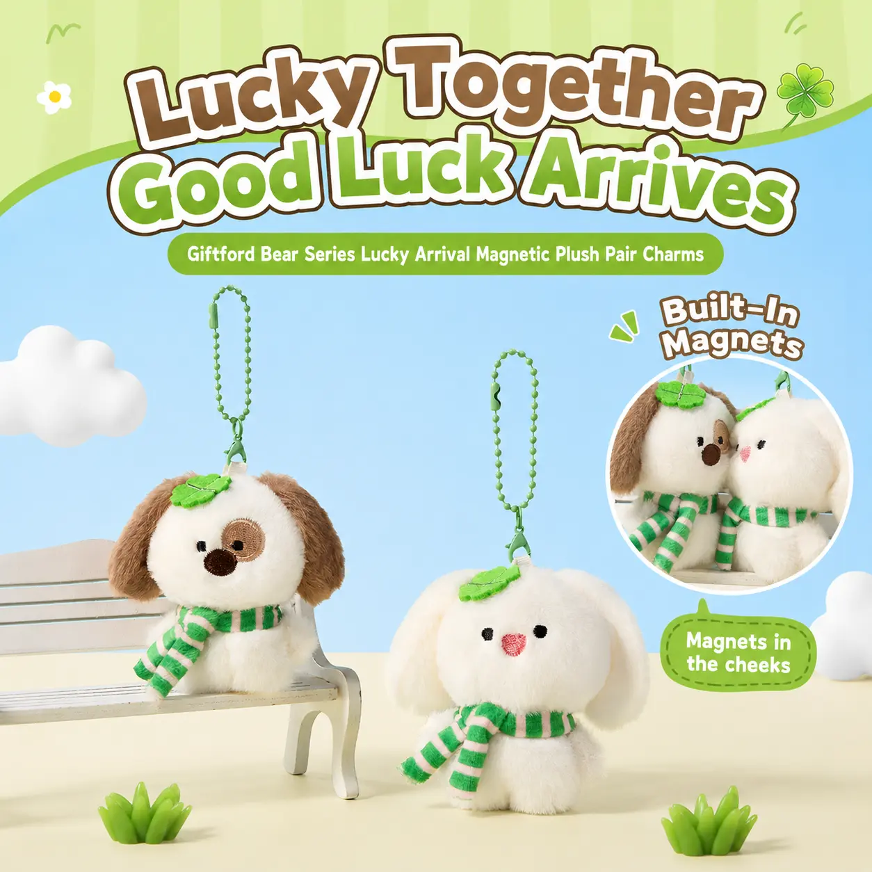 MINISO Cute Giftford Bear Lucky Arrival Magnetic Pair Charms - Polyester Stuffed Animal Pendants, Bunny Bag Decorations, Everyday Girly Keychain Gift for Kids and Girls, Back to School Toy, Plush Animals
