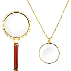 10X Handheld Magnifier With Mahogany Handle and 5X Necklace Magnifying Glass for Reading,  Observation, Rocks, Map, Crossword Puzzle,