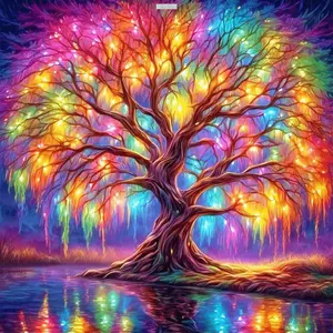 5D DIY Full Round Drill Diamond Painting Colorful Tree by the Lake Decor 30x30cm