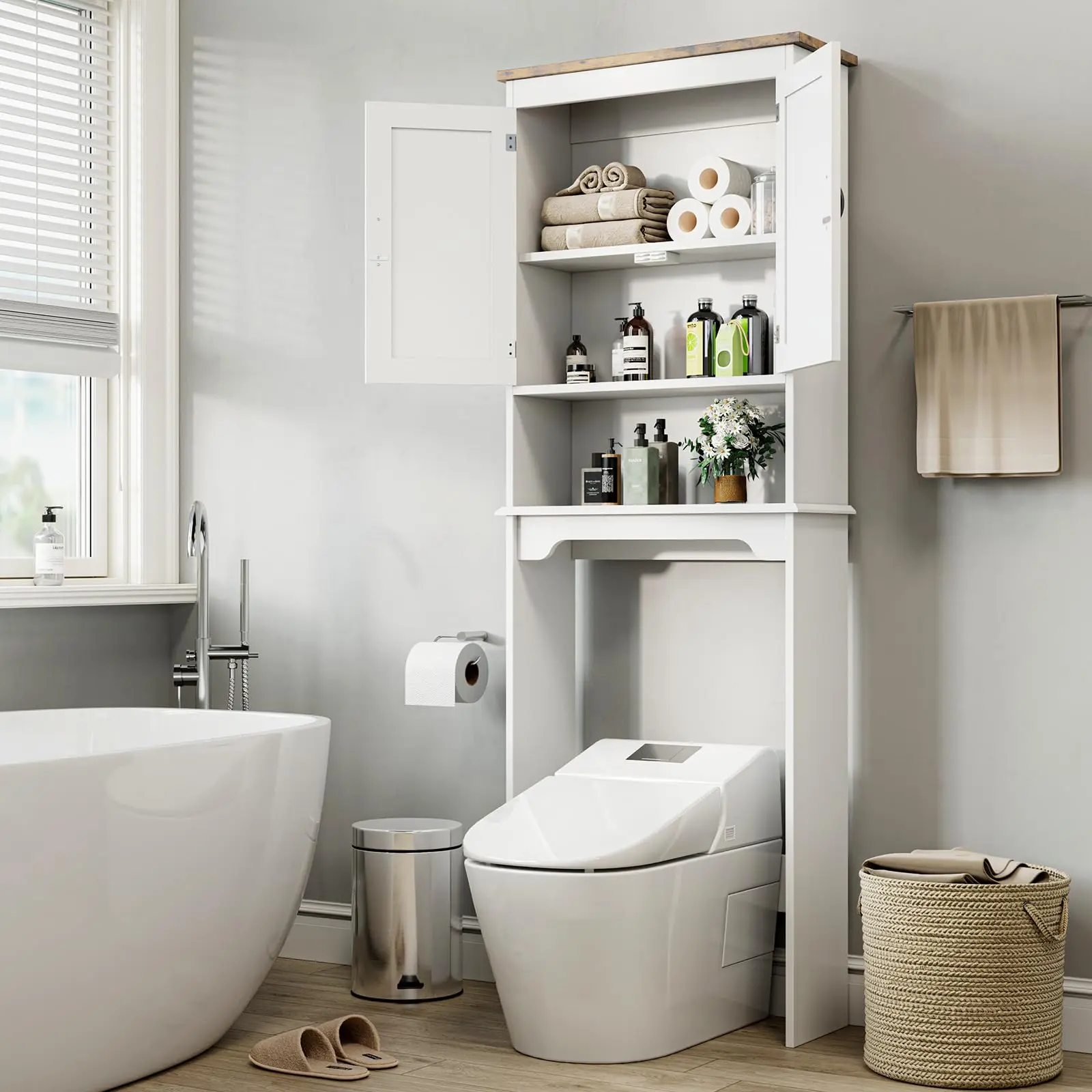 Garvee Over-the-Toilet Storage Cabinet, Bathroom Cabinet with Double Doors and Adjustable Shelves, Freestanding Toilet Organizer Shelf for Small Bathrooms, Space-Saving Design, White