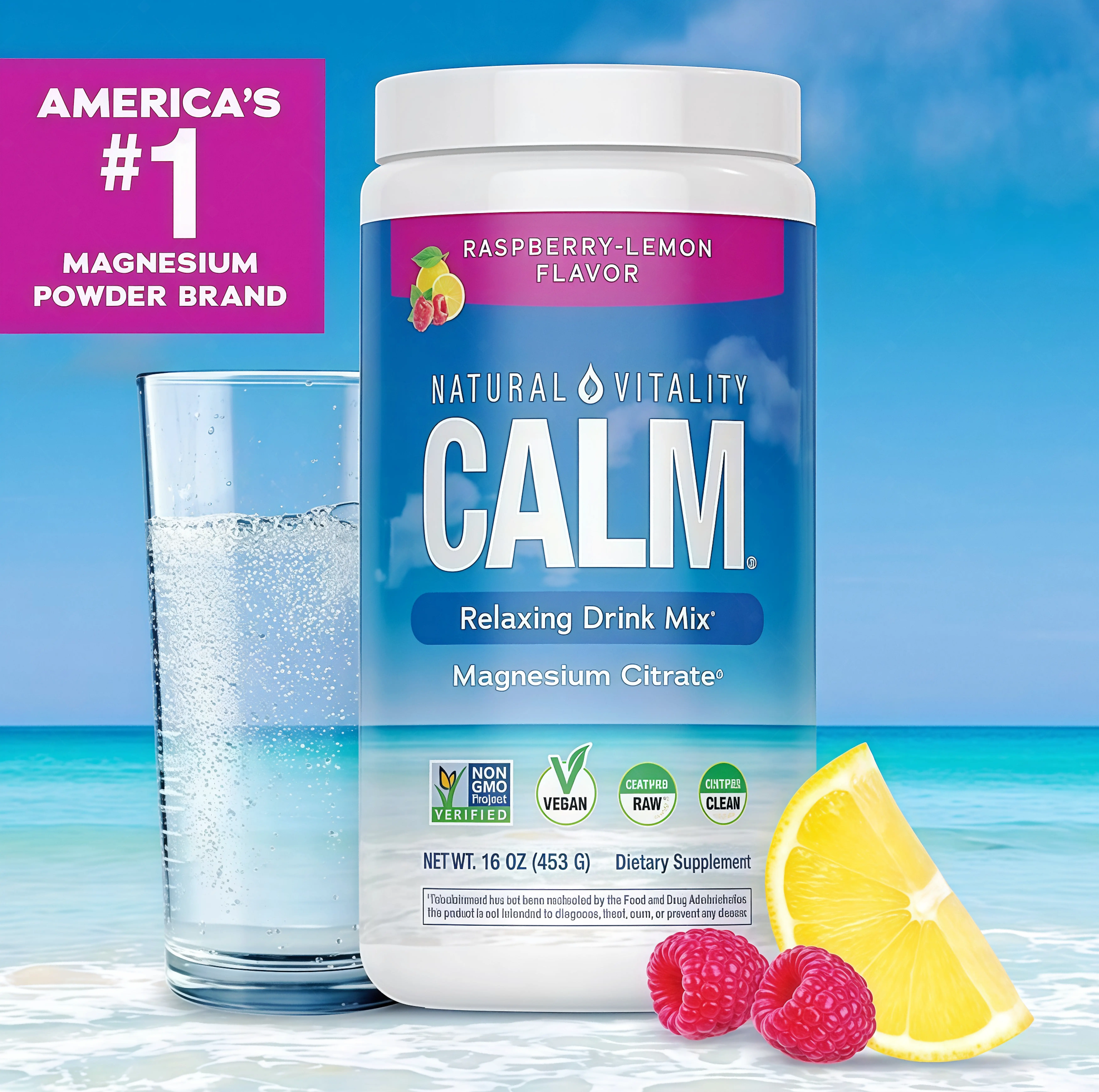 MaxCalm Relaxing Drink Mix RV- Anti Stress Drink Mix - With Ionic Magnesium Citrate + Glycinate - Raspberry Lemon Flavor - 16 oz (453 g) - 113 Servings