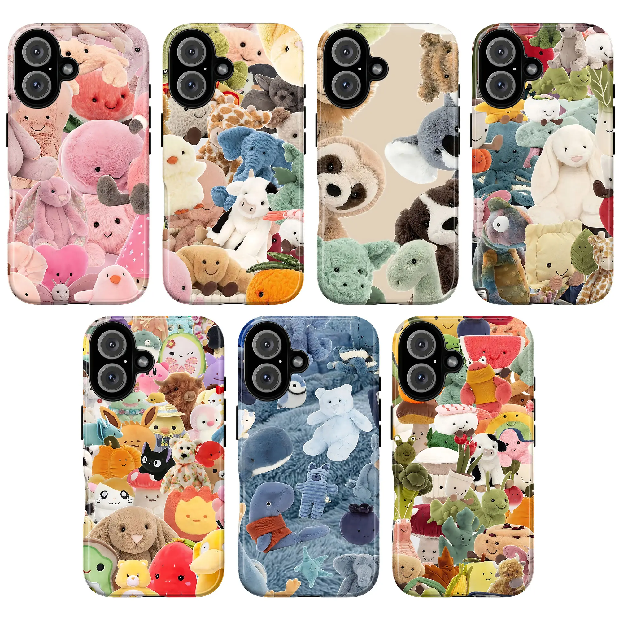 Whimsical Jelly-cat Phone Case – Aesthetic Squishmallow & Plush Toy Pattern Cover with Bunnies, Bears & Colorful Characters for iPhone 17 16 15 14 13 12 11 Pro Max X XS & Samsung Galaxy S21–S26 Plus Ultra | Cute Nostalgic Plush Lover Gift