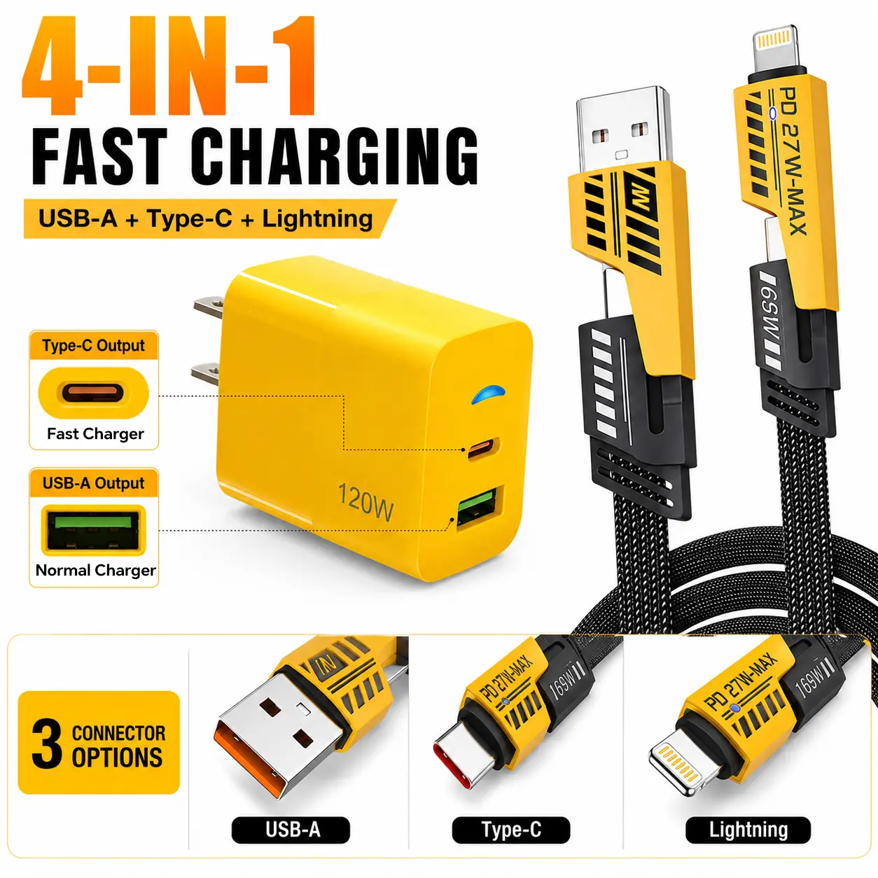 1 Pack Multi Fast Charger & 4-in-1 USB C Cable, Type C/USB A Dual Ports Adapter, 5FT Flat Braided Charger Cord for iPhone 17/16/15/14/13/12Pro Max/iPad/Airpods/Samsung Series Phone