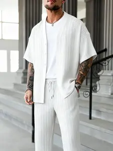 Two-Piece Set: Textured Short Sleeve Shirt & Straight Leg Pants, Lightweight Breathable Fabric, Casual Daily Wear, Office