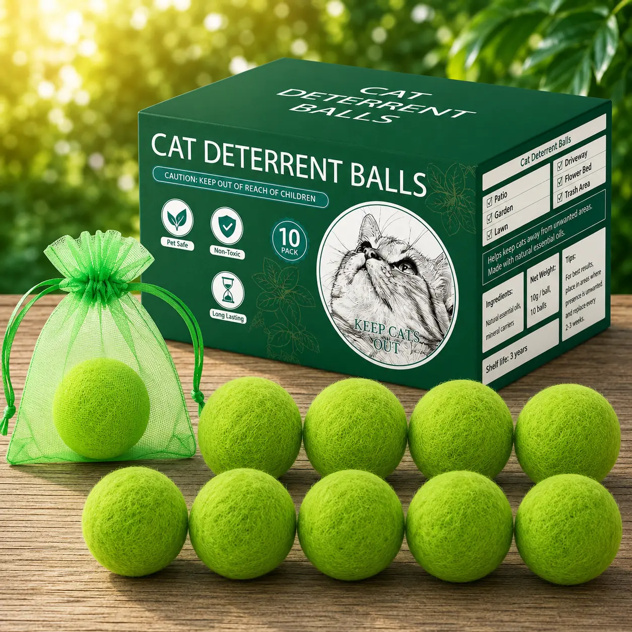 10 Pack Cat Repellent Balls for Outdoor Use, Natural Plant-Based Scent Deterrent, Long-Lasting Protection for Garden, Yard, Flower Beds & Trash Areas