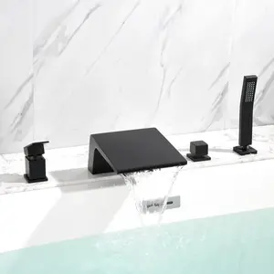 Roman Bath Tub Faucet with Waterfall Spout 4-Hole Deck Mount Tub Filler Set with Single-Handle Control And Handheld Shower - Matte Black, Brushed Nickel, Brushed Gold