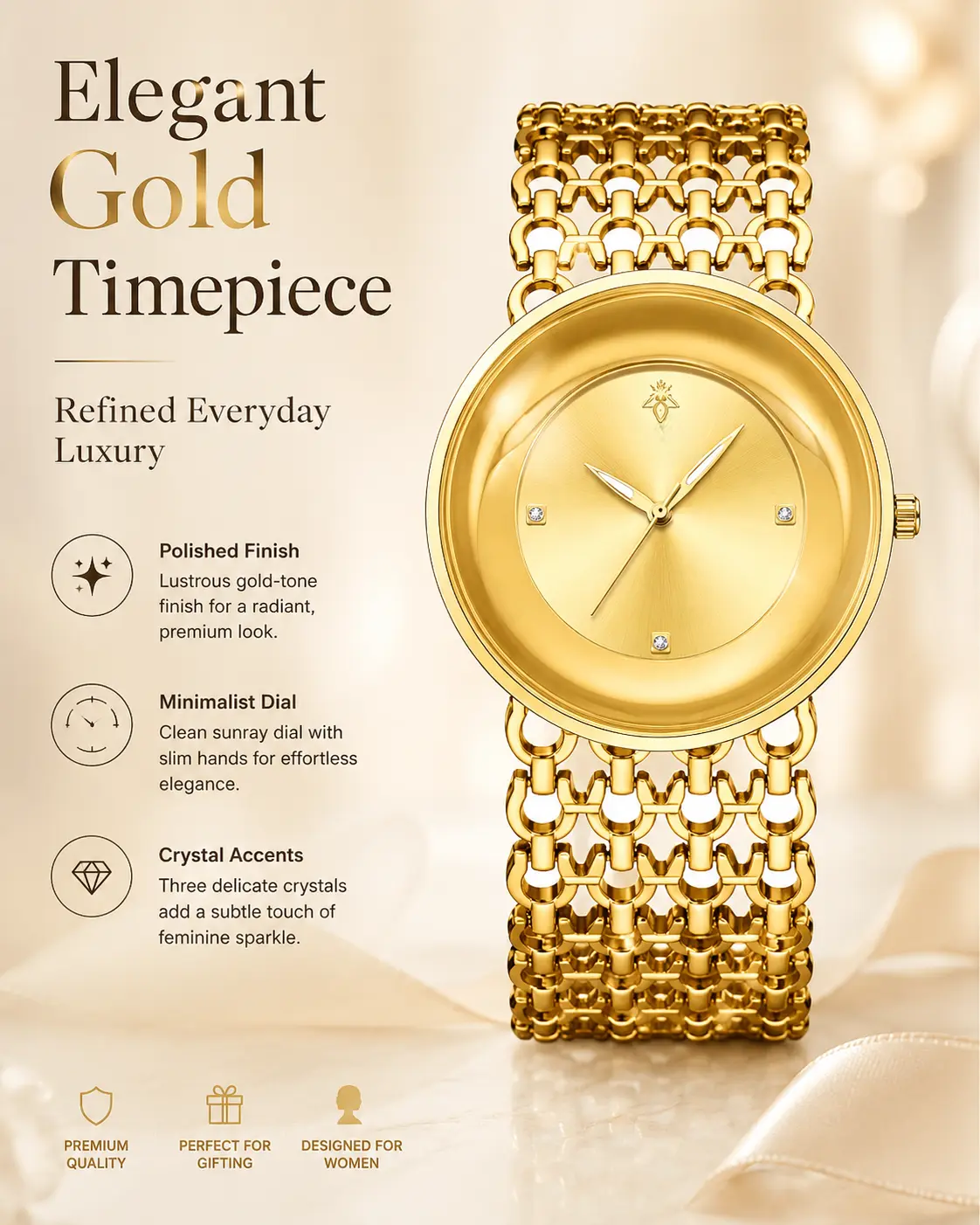 Women's Classic Fashion Gold-Tone Quartz Watch - Simple Openwork Chain Bracelet, Minimalist Sunray Dial with Crystal Accents, Refined Everyday Luxury Wristwatch, Ideal for Gifting, Classic Fashion Quartz Watches