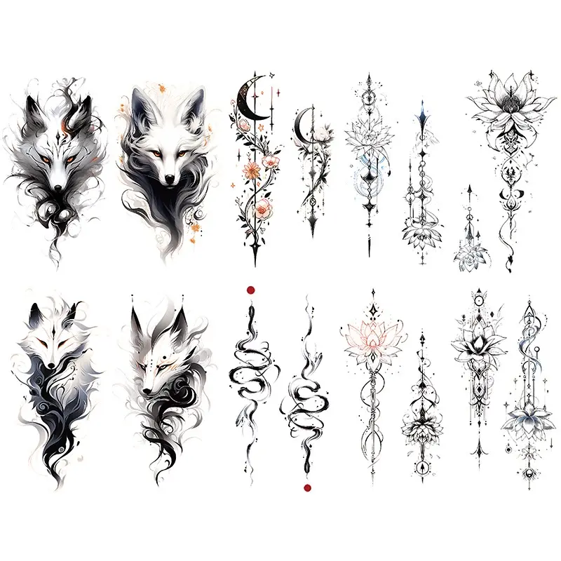 10 Waterproof Temporary Tattoo Stickers, Fox Flower Chain Pattern, Fake Tattoos for Men Women, Arm Shoulder Back Leg Abdomen, Temporary Tattoo Kit