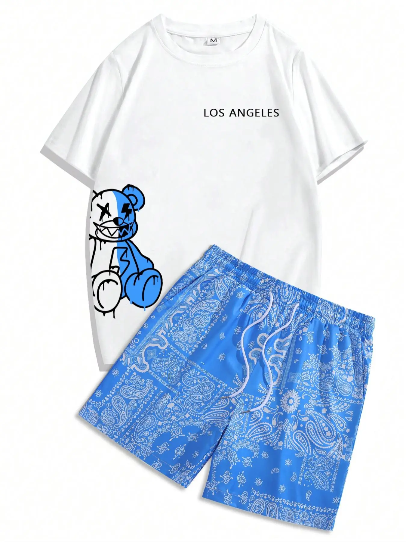 Two-Piece Set Men's Regular Fit Bear Print Round Neck Tee & Random Print Shorts, Casual Short Sleeve T-shirt & Shorts, Men's Summer Clothes for Beach Vacation, Menswear