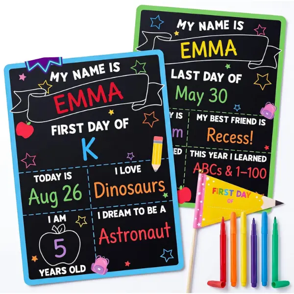 First & Last Day of School Sign Reusable Chalkboard – Double Sided Dry Erase Board with 6 Markers & Pencil Flag, 10x14 Back to School Photo Prop for Kids, Kindergarten, Preschool & Daycare, First Day of School Sign