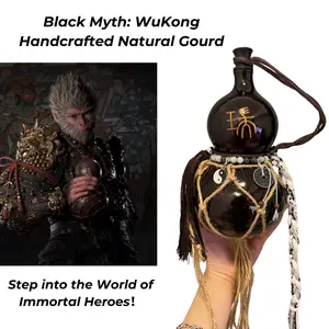 Black Myth Wukong Artisan Natural Gourd Water Bottle - Reusable Home Decor Cultural Accessory, Handcrafted Leak-Proof Vintage Bottle with Coin Lanyard, Woven Net Bag, Ideal Gift for Him | Ships in 24 Hours