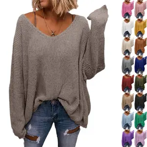 ARTFREE Women's V Neck Long Sleeve Knit Loose Oversized Pullover Sweater Top