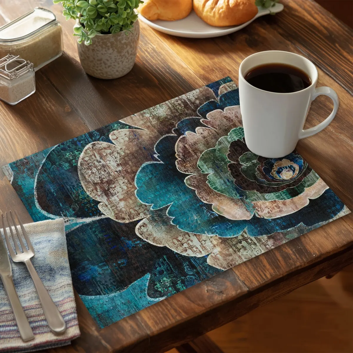 360 stand Rectangular Retro Placemat - 14x18 in. Blue Flower Print, Aesthetic Stylish, Easy Clean Polyester, Kitchen Tableware Home Decor (CPPM14188MC9BX)