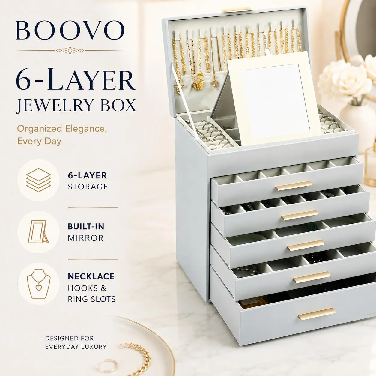 BOOVO 6-Layer Jewelry Organizer Box for Women - Large Jewelry Storage Box with Mirror, PU Leather & Velvet Lining, Jewelry Holder for Necklaces, Rings & Earrings, Birthday Gift for Mom, Wife & Girlfriend,Mist Gray
