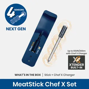 MeatStick Chef X - Smart 4 Sensor Bluetooth Meat Thermometer for Kitchen Cooking, Grilling & Smoking, 650ft+ Range