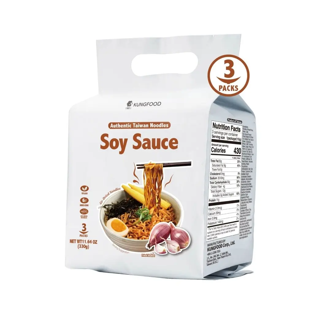 KUNGFOOD Authentic Packaged Instant Noodles (110g x 3 Pack) with Umami-Rich, High-Carbohydrate Soy Sauce Packet (Incl. Fried Shallot Oil, Flavor Oil, Fructose, Salt, Soy Protein & More)