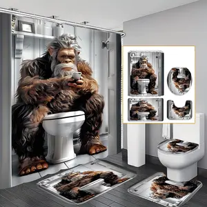 Funny Gorilla Bathroom Set, 4PCS Shower Curtain Set with Rugs & Toilet Cover, Bigfoot Sitting on Toilet Design, Waterproof Shower Curtain, Non-Slip Bath Mat Home Decor