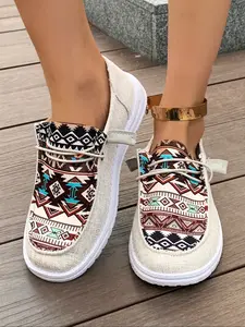 Women's Ethnic Pattern Canvas Shoes, Fashion Flat Sneakers, Comfortable Low-Top Outdoor Sports Shoes, Trendy Casual Walking Shoes, Western Slip On Lightweight