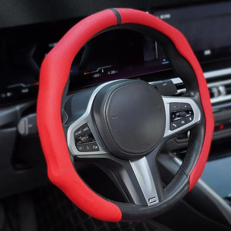 Nappa Leather Car Steering Wheel Cover, 2026 New Models, Quick Turn, Non-Slip Secure Grip, Breathable Ultra-Thin, Year-Round All-Season Use, White with Red Stitching, Alignment Mark, Auto Accessories Interior, Car Accessories for Modern Drivers, Car Steer
