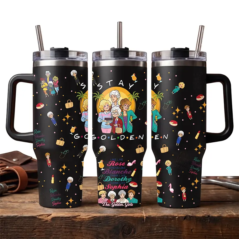 The Golden Girls Stay Golden Tumbler 40oz, Rose Blanche Dorothy Sophia Stainless Steel Travel Cup With Handle Straw, Live Like Rose Dress Like Blanche Drinkware, 80s 90s Tv Show Fan Merch, Nostalgic Pop Culture Birthday Gift For Women