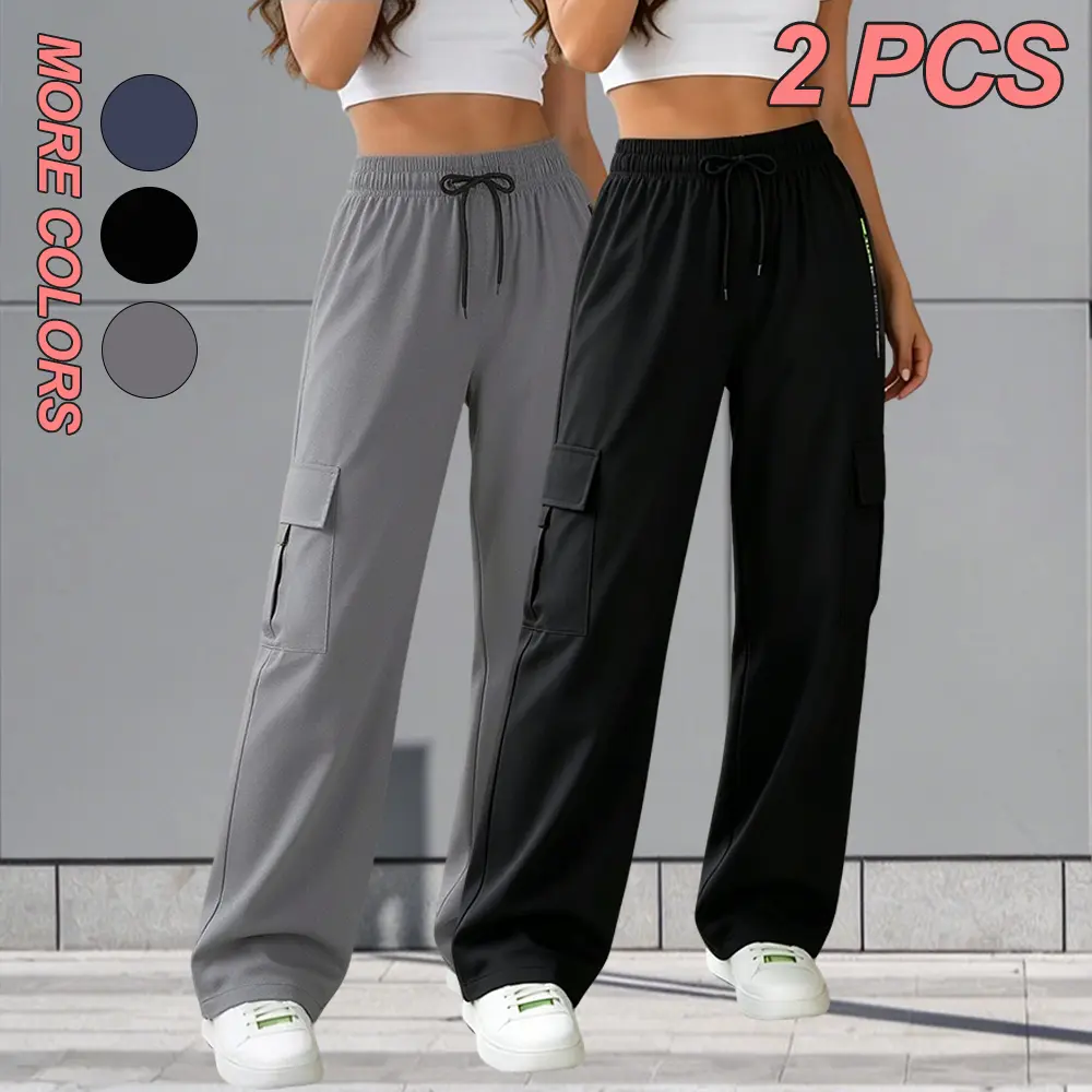 Women’s loose casual cargo pants with a high elastic drawstring waist; wide-leg casual pants with multiple pockets; straight athletic pants with a slimming, height-enhancing drape—suitable for everyday commuting, strolling, running, and gym leisure activi