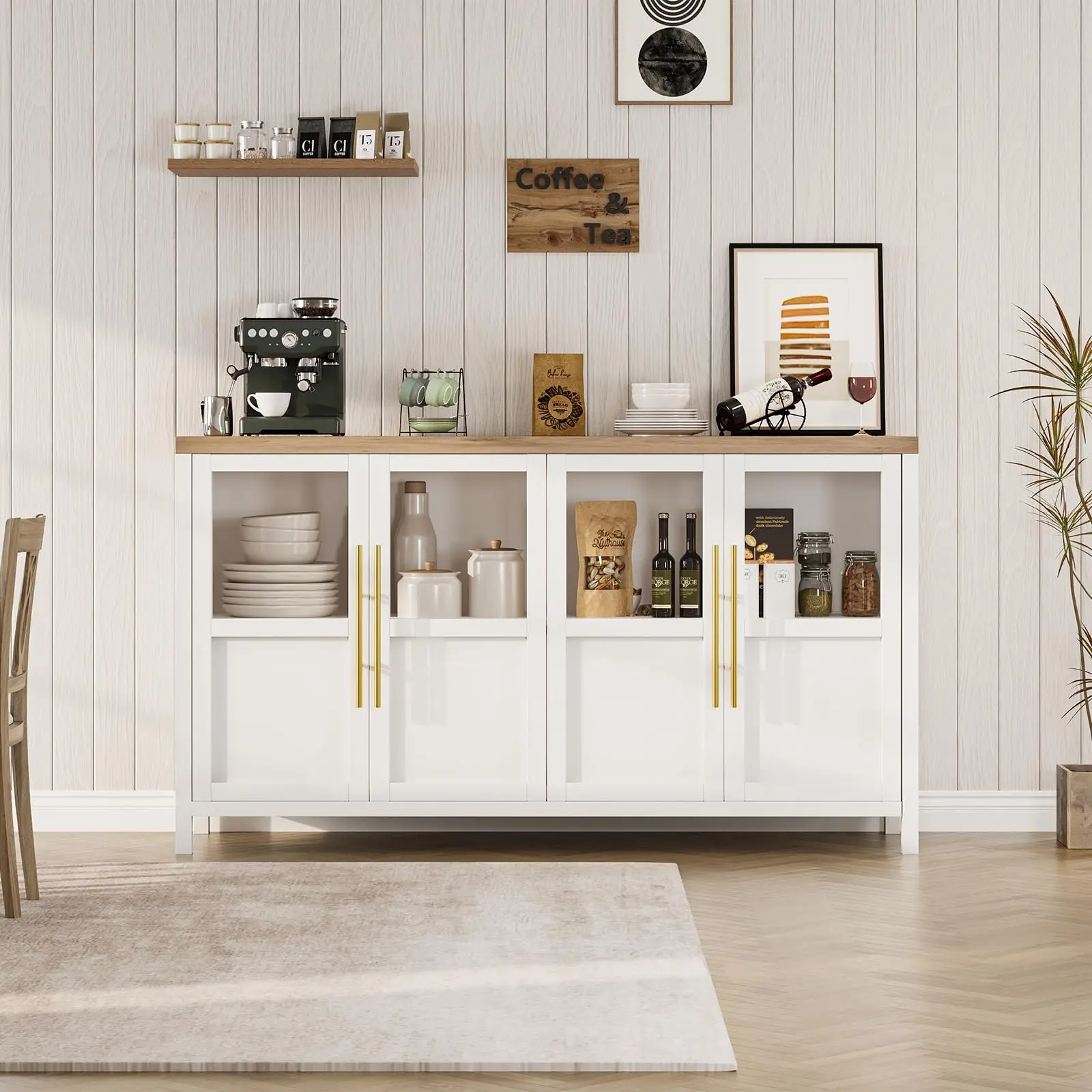 Garvee Large Buffet Sideboard Cabinets with Multiple Glass Doors, Modern Farmhouse and Engineered Wood Designs, Suitable for Kitchen, Dining Room, Living Room, Available in White, Natural, Brown, and Black Finishes