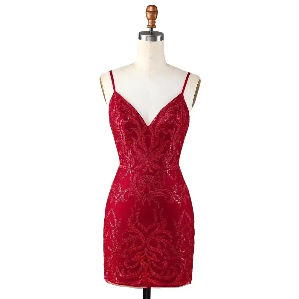 ZAPAKA Women Sparkly Dark Red Sequins Spaghetti Straps Tight Short Homecoming Dress