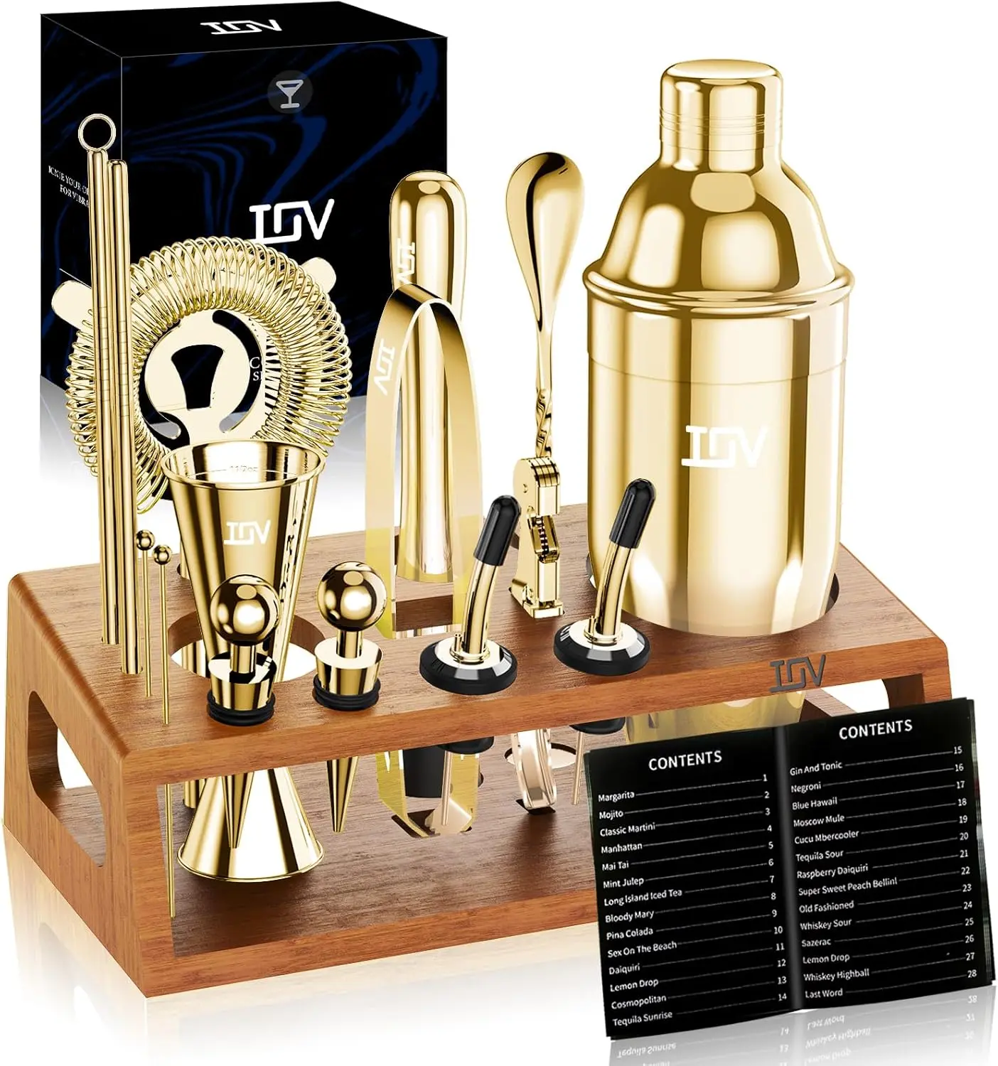 IOV 17-Piece Stainless Steel Bamboo Kitchen Cocktail Shaker Set - Rust-Resistant, 18oz & 28oz Shakers, Modern Utensils, Recipe Booklet, Complete Bartender Kit for Home Bars, Guest Nights & Parties