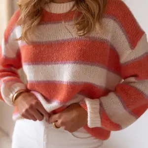 Women's Casual Striped Sweater, Coral & Stripes, Round Neck, Soft Knit Fabric, Spring & Daily Wear, Loose Fit Pullover