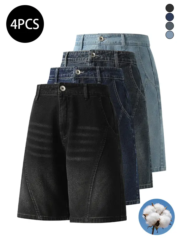 4-Pack Men’s Denim Shorts for Summer — Straight-Leg Loose Fit, 3D Patchwork Design, Knee-Length Denim Shorts, High Cotton Content, Washed Denim Finish, Versatile American Vintage Style for Men