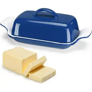 Ceramic Butter Dish with Lid for Countertop  Elegant Butter Dish Tray with Handle Durable Heavyweight Glazed Ceramic Kitchen Container Keeper Non-slip Base Minimalist(Blue)