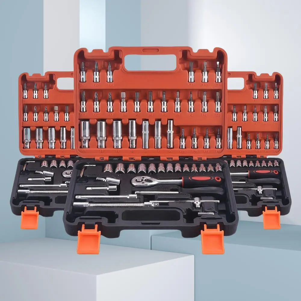 53-Piece Combination Tool Set with 1/4" Ratchet Wrench, Multi-Functional Repair Kit for Car, Motorcycle, Home, and Boat Maintenance, Stainless Steel, Mixed Color, Uncharged, Includes Storage Case