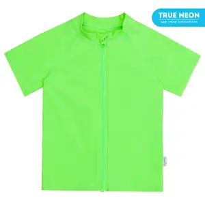 Kids Short Sleeve Zipper Rash Guard Swim Shirt | Neon Green
