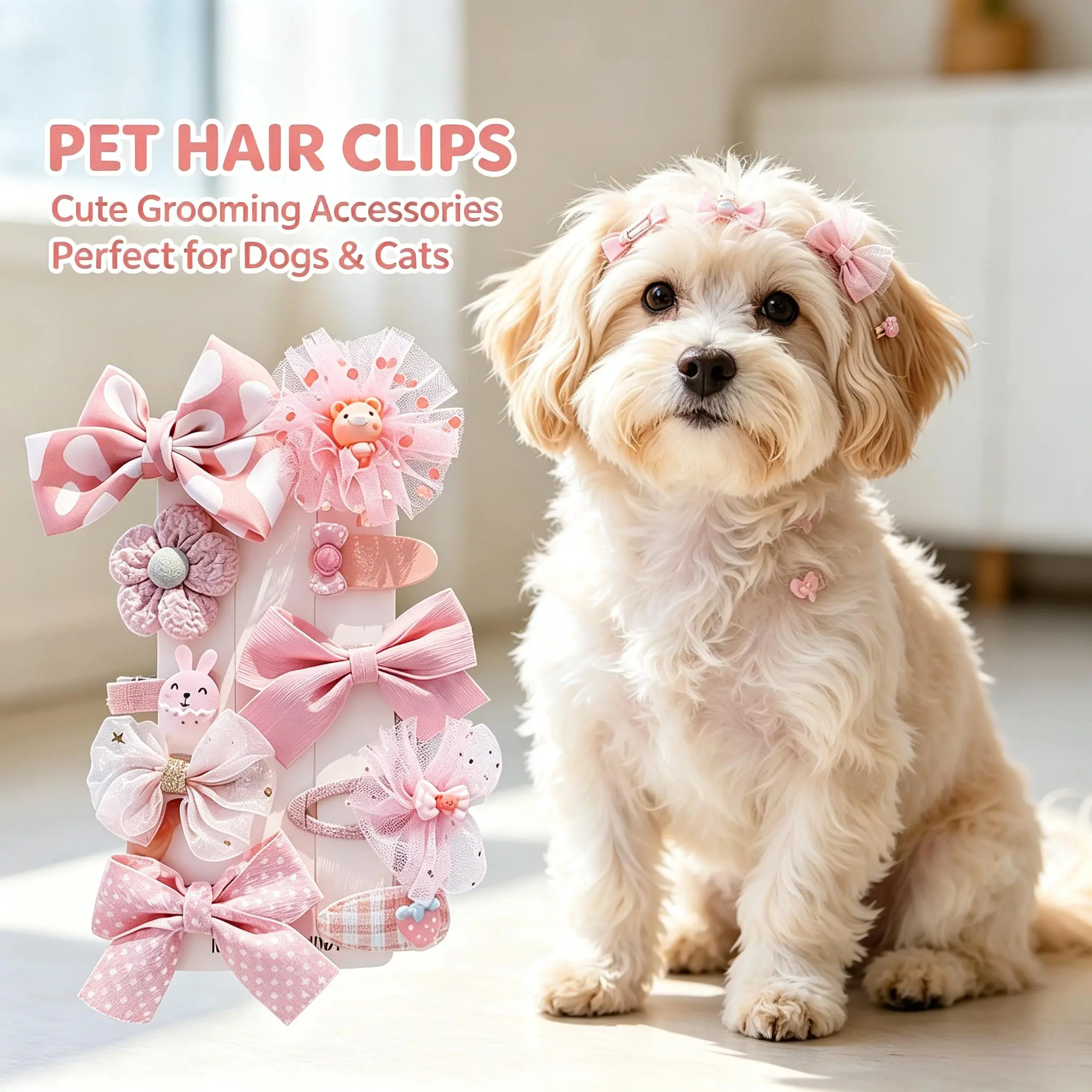 10 Pack Cute Pet Hair Bow Clips Set, Pink Tulle Veil Ribbon Flower Dog Hair Accessories, Non Slip Grip Barrette for Small Dogs Yorkie Teddy Pomeranian, Sweet Cartoon Animal Puppy Hair Clips for Daily Wear & Photo Shoot