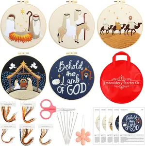 5 Sets Christian Nativity Scene Embroidery Kits for Starter Beginners Adult Christmas Cross Stitch Ornament Kit with Instruction Embroidery Hoop Needle Colored Thread Needle Threader