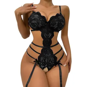 Elegant Lace Lingerie Bodysuit with Crotchless Design for Women's Comfort and Style - Delicate Polyester Sleepwear