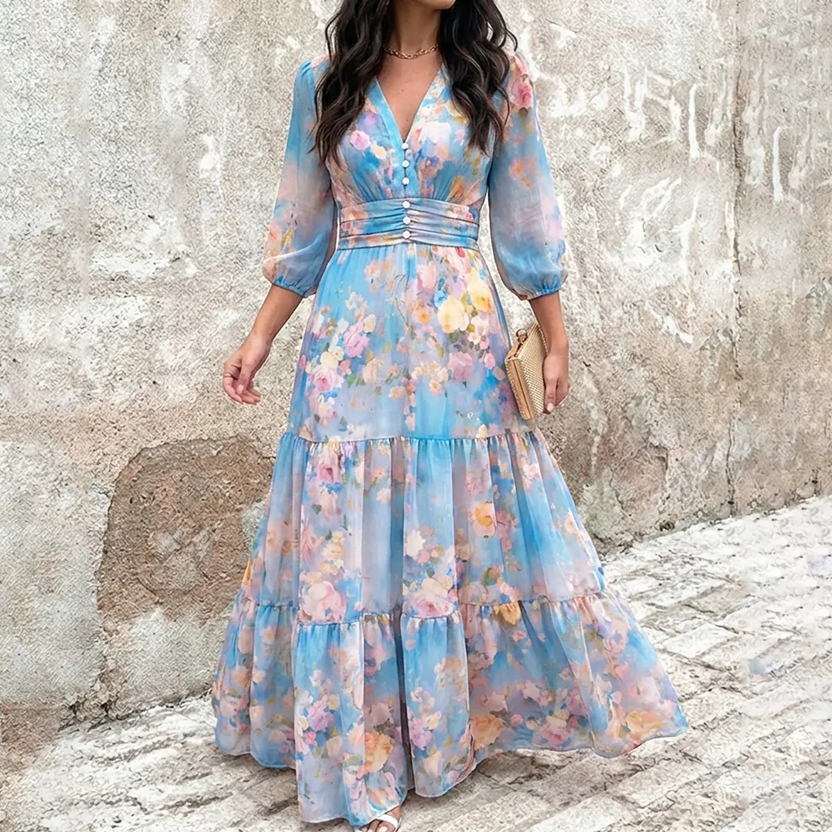 japna blue dress Miss Circle Xatia Baby Blue Jacquard Textured High Slit Maxi Dress XL main image 0