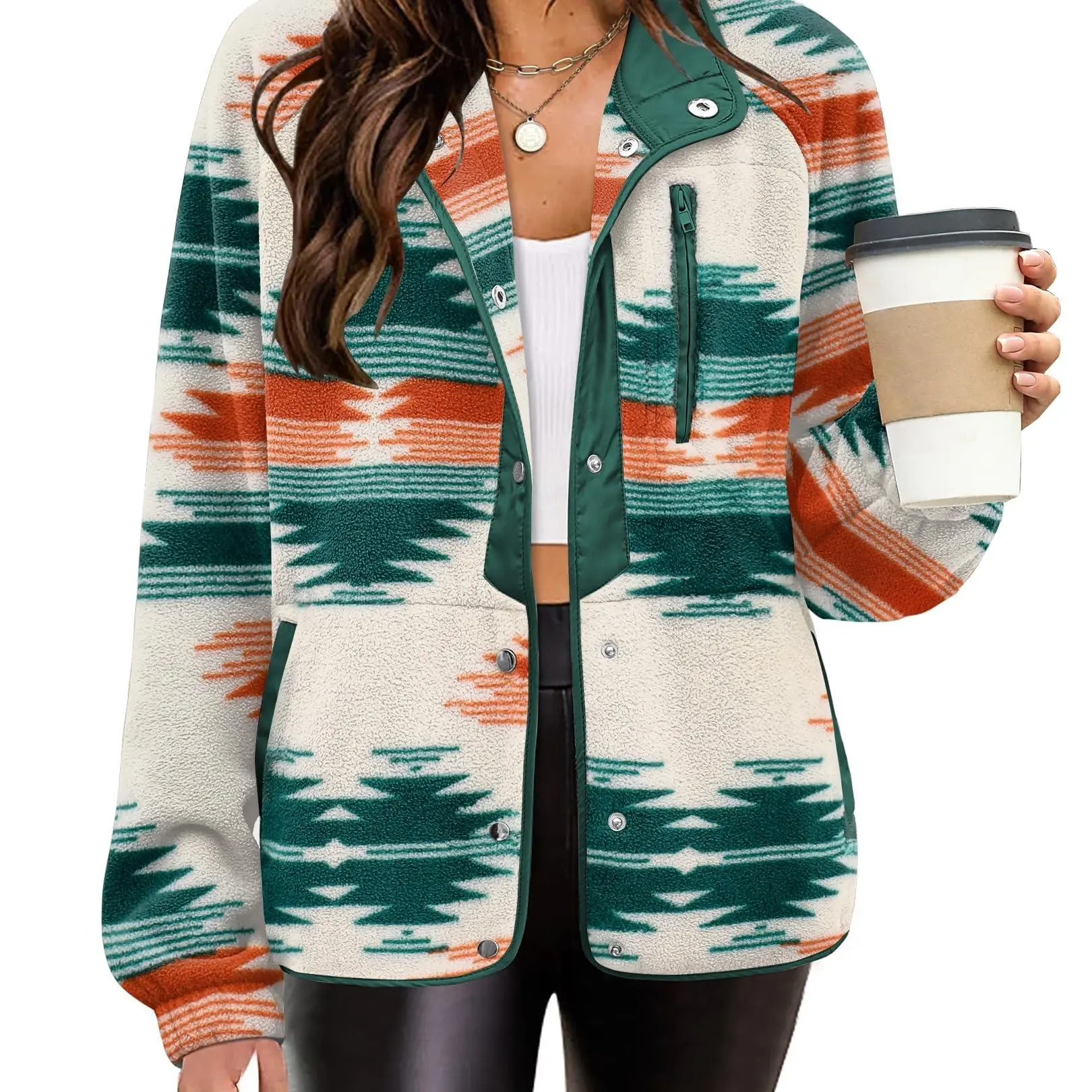 ZEAGOO Women's Western Aztec Print Fleece Jacket with Stand Collar, Casual Button-Down Street Wear Tops with Pockets