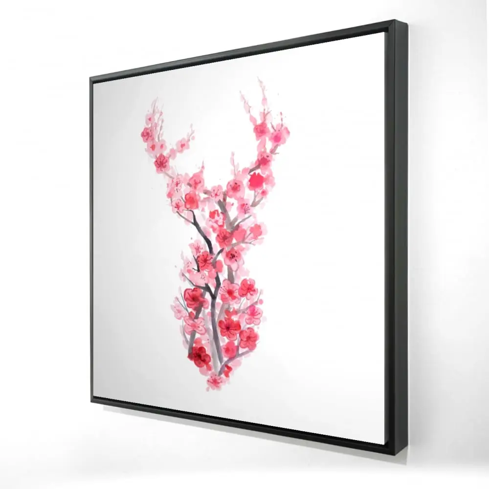 212 MAIN 24x24 in. Nature-Artistic Deer & Blush Pink Cherry Blooms Wall Art Print, Ready-to-Hang Animal-Flower Graphic, Bedroom Decoration, Home Supplies Gift, Artwork