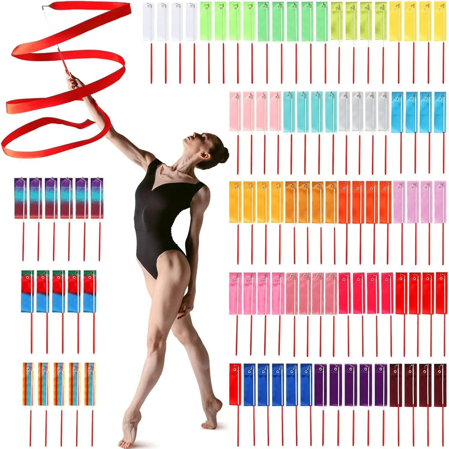 Unisex 78.7in Ribbon Dancing Wand Set, Multiple Gymnastics Ribbon Streamers, Rainbow Artistic Twirling Wands for Happy Birthday Decorations