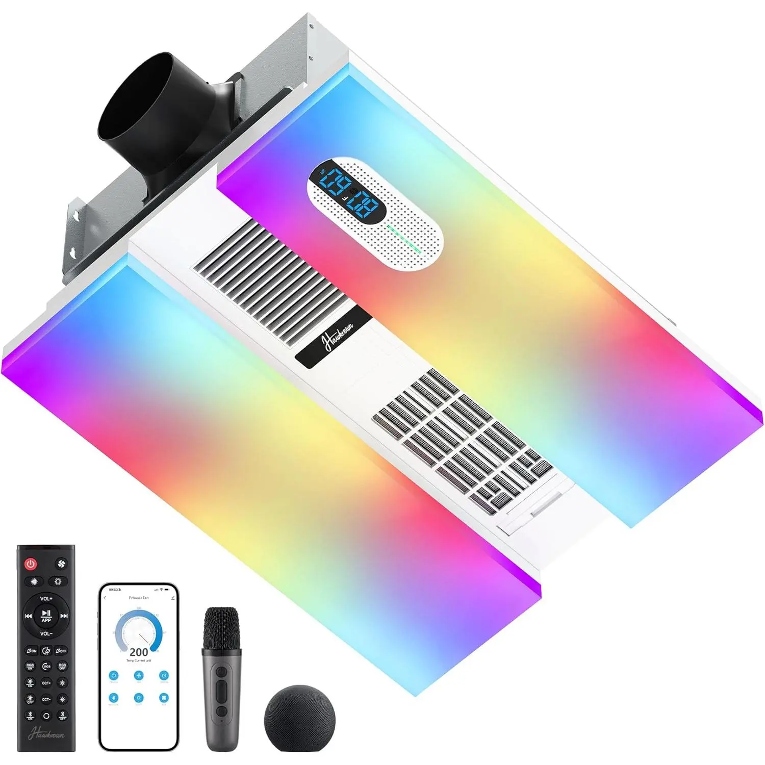 Hawkrown Smart Ceiling Exhaust Fan with Heater, Bluetooth Speaker, 230 CFM Quiet Operation, Humid/Odor Sensors, 3-Color Dimmable Light, Wireless Remote, App & Voice Control, Easy-Clean Filter, Auto Fan Starts at 30% Humidity (White), Ventilation Fan