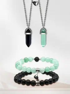 Natural Crystal Stone Bracelet & Necklace Pendant Jewelry Set, Couple Love Bracelet Hexagonal Column Necklace, Jewelry Gift for Lovers