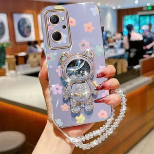 Realme9i Colorful Flower Quicksand Astronaut Bear Plating Crystal Jewelry Strap Lanyard Phone Holder Case with Durable Cover Compatible with For Oppo Realme 9i
