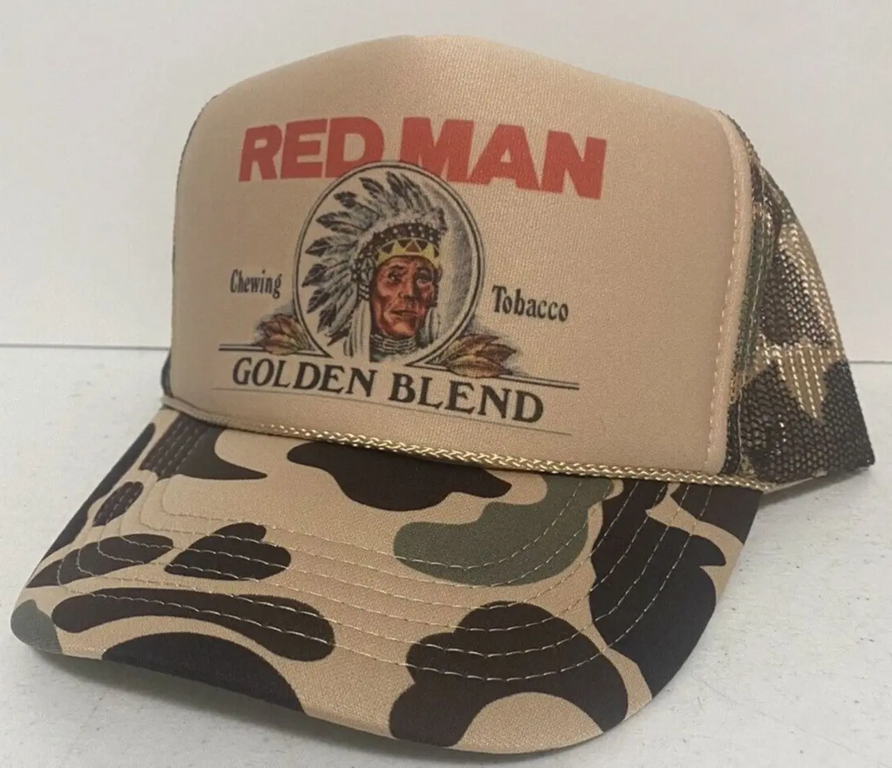 Vintage Red Man Trucker Hat Summer Hat Redman Golden Blend Camo SnapBack New